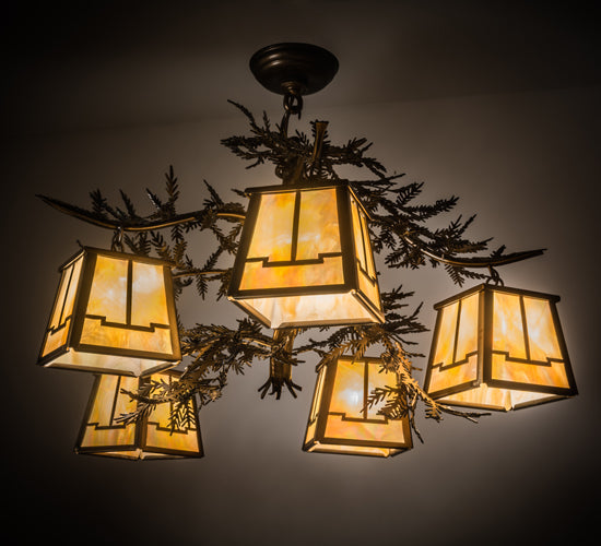 Meyda Lighting Pine Branch 29" 5-Light Antique Copper Valley View Chandelier With Beige Iridescent Shade Glass