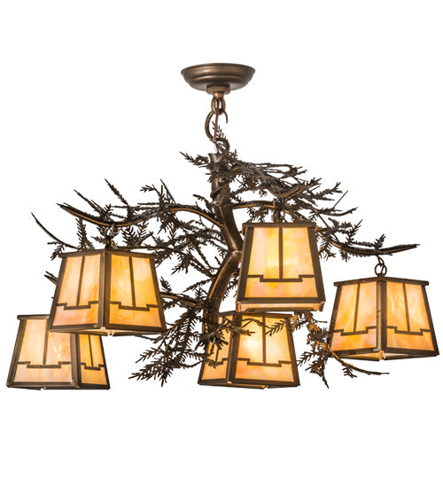 Meyda Lighting Pine Branch 29" 5-Light Antique Copper Valley View Chandelier With Beige Iridescent Shade Glass