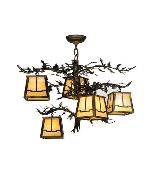 Meyda Lighting Pine Branch 29" 5-Light Dark Burnished Antique Copper Valley View Chandelier With Beige Iridescent Art Shade Glass