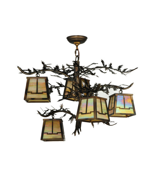 Meyda Lighting Pine Branch 29" 5-Light Dark Burnished Antique Copper Valley View Chandelier With Beige Iridescent Art Shade Glass