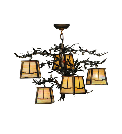 Meyda Lighting Pine Branch 29" 5-Light Dark Burnished Antique Copper Valley View Chandelier With Beige Iridescent Art Shade Glass