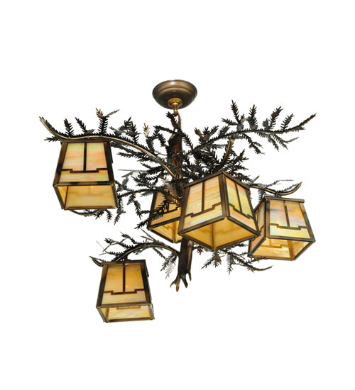 Meyda Lighting Pine Branch 29" 5-Light Dark Burnished Antique Copper Valley View Chandelier With Beige Iridescent Art Shade Glass