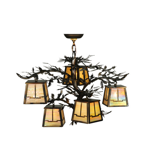 Meyda Lighting Pine Branch 29" 5-Light Dark Burnished Antique Copper Valley View Chandelier With Beige Iridescent Art Shade Glass