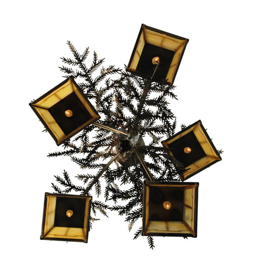 Meyda Lighting Pine Branch 29" 5-Light Dark Burnished Antique Copper Valley View Chandelier With Beige Iridescent Art Shade Glass