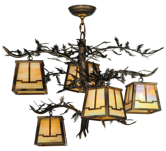Meyda Lighting Pine Branch 29" 5-Light Dark Burnished Antique Copper Valley View Chandelier With Beige Iridescent Art Shade Glass