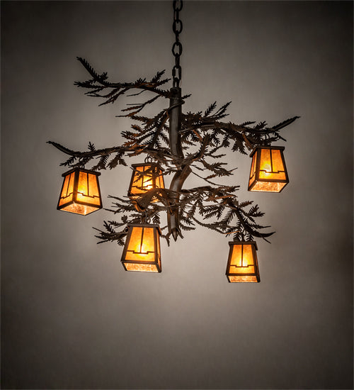 Meyda Lighting Pine Branch 29" 5-Light Oil Rubbed Bronze Valley View Chandelier With Amber Mica Shade Glass