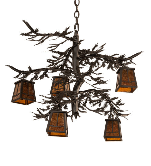 Meyda Lighting Pine Branch 29" 5-Light Oil Rubbed Bronze Valley View Chandelier With Amber Mica Shade Glass
