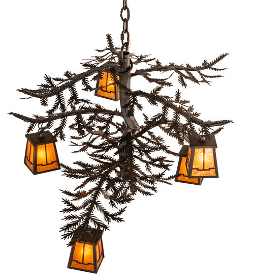 Meyda Lighting Pine Branch 29" 5-Light Oil Rubbed Bronze Valley View Chandelier With Amber Mica Shade Glass