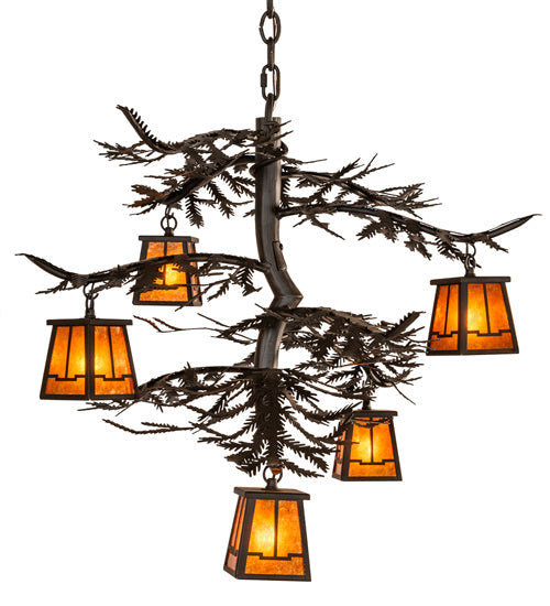Meyda Lighting Pine Branch 29" 5-Light Oil Rubbed Bronze Valley View Chandelier With Amber Mica Shade Glass