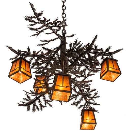 Meyda Lighting Pine Branch 29" 5-Light Oil Rubbed Bronze Valley View Chandelier With Amber Mica Shade Glass