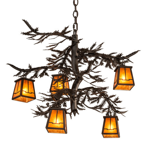 Meyda Lighting Pine Branch 29" 5-Light Oil Rubbed Bronze Valley View Chandelier With Amber Mica Shade Glass