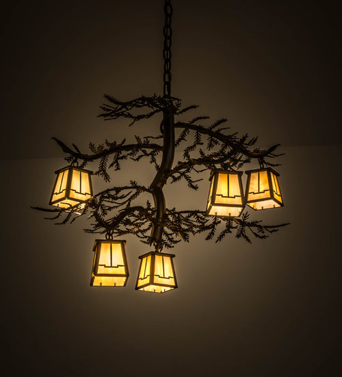 Meyda Lighting Pine Branch 29" 5-Light Oil Rubbed Bronze Valley View Chandelier With Beige Art Shade Glass
