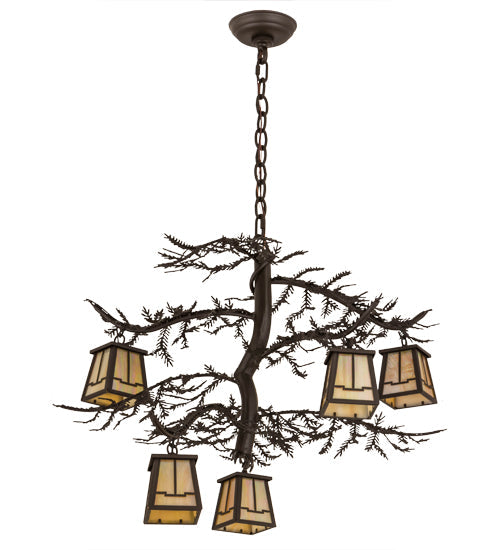 Meyda Lighting Pine Branch 29" 5-Light Oil Rubbed Bronze Valley View Chandelier With Beige Art Shade Glass