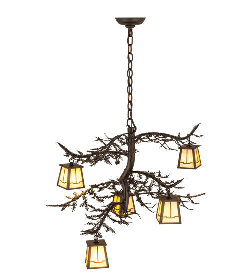 Meyda Lighting Pine Branch 29" 5-Light Oil Rubbed Bronze Valley View Chandelier With Beige Art Shade Glass