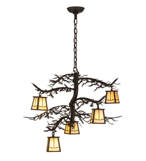 Meyda Lighting Pine Branch 29" 5-Light Oil Rubbed Bronze Valley View Chandelier With Beige Art Shade Glass