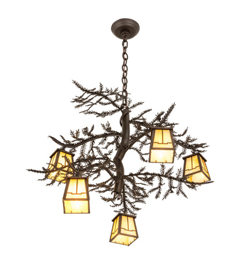 Meyda Lighting Pine Branch 29" 5-Light Oil Rubbed Bronze Valley View Chandelier With Beige Art Shade Glass