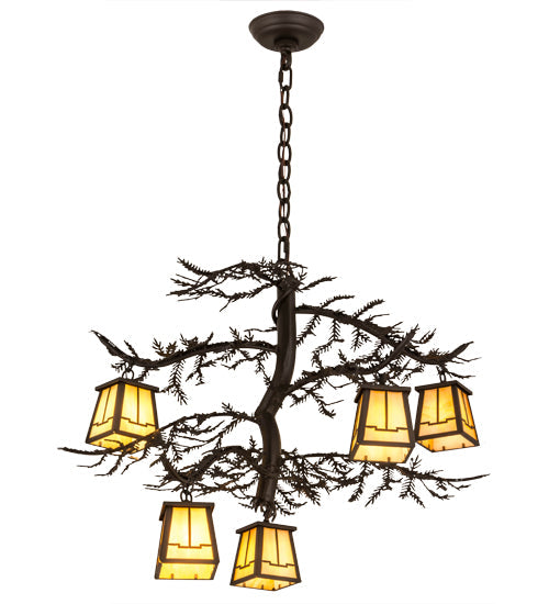 Meyda Lighting Pine Branch 29" 5-Light Oil Rubbed Bronze Valley View Chandelier With Beige Art Shade Glass