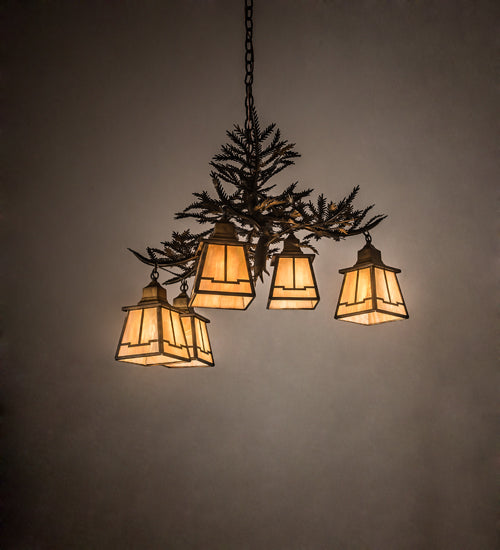Meyda Lighting Pine Branch 30" 5-Light Dark Burnished Antique Copper Valley View Chandelier With Beige Iridescent Shade Glass