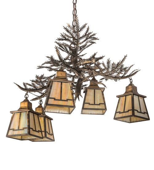 Meyda Lighting Pine Branch 30" 5-Light Dark Burnished Antique Copper Valley View Chandelier With Beige Iridescent Shade Glass