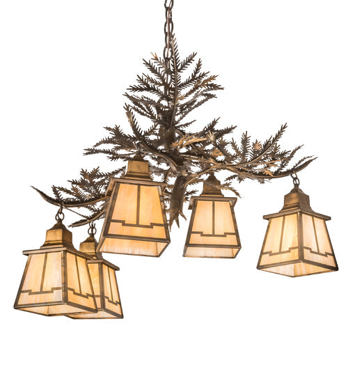 Meyda Lighting Pine Branch 30" 5-Light Dark Burnished Antique Copper Valley View Chandelier With Beige Iridescent Shade Glass