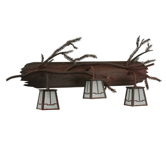 Meyda Lighting Pine Branch 32" 3-Light Wrought Iron Over Rust Valley View Vanity Light With Clear Frosted Shade Glass