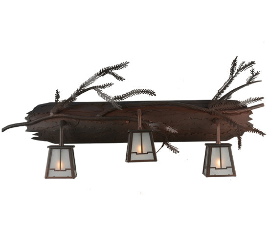 Meyda Lighting Pine Branch 32" 3-Light Wrought Iron Over Rust Valley View Vanity Light With Clear Frosted Shade Glass