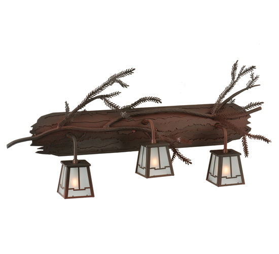 Meyda Lighting Pine Branch 32" 3-Light Wrought Iron Over Rust Valley View Vanity Light With Clear Frosted Shade Glass