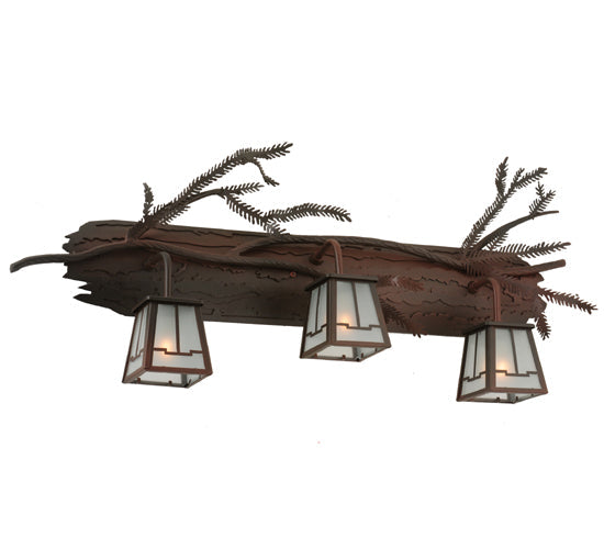 Meyda Lighting Pine Branch 32" 3-Light Wrought Iron Over Rust Valley View Vanity Light With Clear Frosted Shade Glass