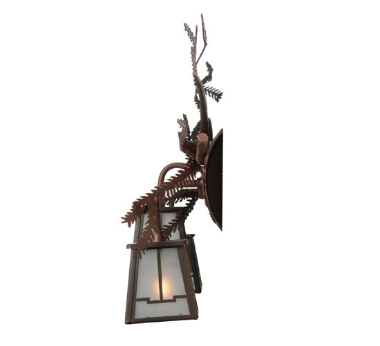 Meyda Lighting Pine Branch 32" 3-Light Wrought Iron Over Rust Valley View Vanity Light With Clear Frosted Shade Glass