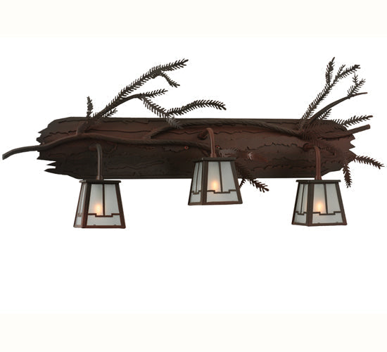 Meyda Lighting Pine Branch 32" 3-Light Wrought Iron Over Rust Valley View Vanity Light With Clear Frosted Shade Glass