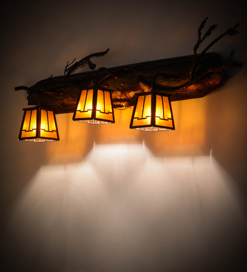 Meyda Lighting Pine Branch 38" 3-Light Antique Copper Valley View Vanity Light With Amber Mica Shade Glass