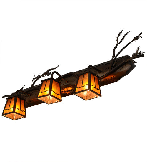 Meyda Lighting Pine Branch 38" 3-Light Antique Copper Valley View Vanity Light With Amber Mica Shade Glass