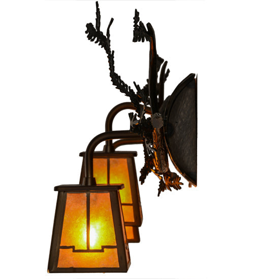 Meyda Lighting Pine Branch 38" 3-Light Antique Copper Valley View Vanity Light With Amber Mica Shade Glass