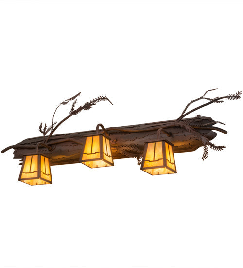 Meyda Lighting Pine Branch 38" 3-Light Rust & Wrought Iron Valley View Vanity Light With Beige Iridescent Shade Glass