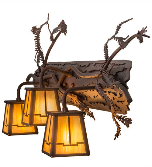 Meyda Lighting Pine Branch 38" 3-Light Rust & Wrought Iron Valley View Vanity Light With Beige Iridescent Shade Glass