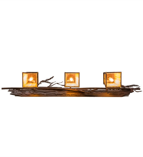 Meyda Lighting Pine Branch 38" 3-Light Rust & Wrought Iron Valley View Vanity Light With Beige Iridescent Shade Glass