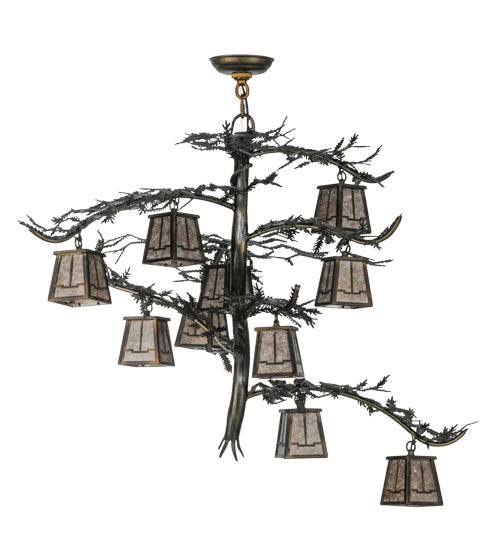 Meyda Lighting Pine Branch 39" 10-Light Dark Burnished Antique Copper Valley View Chandelier With Silver Mica Shade Glass