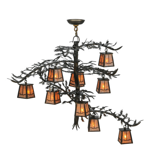 Meyda Lighting Pine Branch 39" 10-Light Dark Burnished Antique Copper Valley View Chandelier With Silver Mica Shade Glass