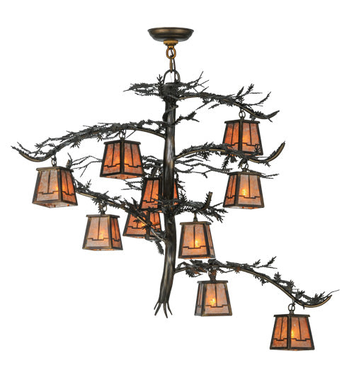 Meyda Lighting Pine Branch 39" 10-Light Dark Burnished Antique Copper Valley View Chandelier With Silver Mica Shade Glass
