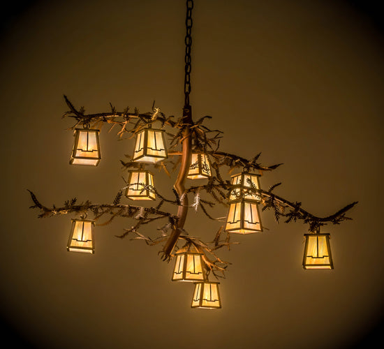 Meyda Lighting Pine Branch 39" 10-Light Rust & Wrought Iron Valley View Chandelier With Beige Iridescent Shade Glass