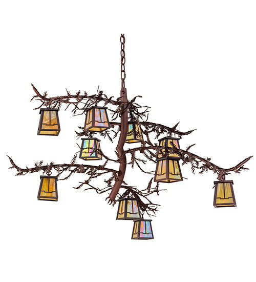 Meyda Lighting Pine Branch 39" 10-Light Rust & Wrought Iron Valley View Chandelier With Beige Iridescent Shade Glass