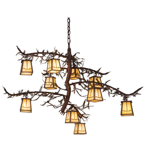 Meyda Lighting Pine Branch 39" 10-Light Rust & Wrought Iron Valley View Chandelier With Beige Iridescent Shade Glass