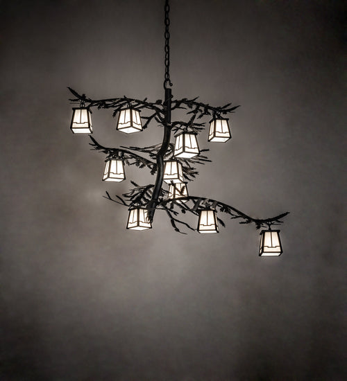 Meyda Lighting Pine Branch 39" 10-Light Textured Black Valley View Chandelier With White Art Shade Glass