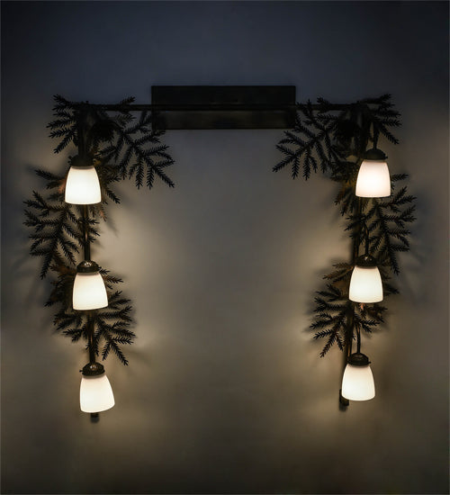 Meyda Lighting Pine Branch 40" 6-Light Dark Burnished Antique Copper Vanity Light With White Opal Shade Glass