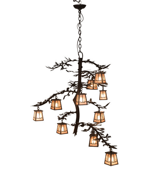 Meyda Lighting Pine Branch 42" 10-Light Mahogany Bronze Valley View Chandelier With Silver Mica Shade Glass