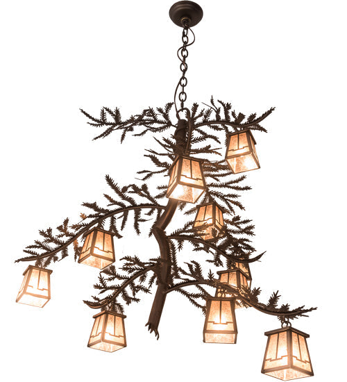 Meyda Lighting Pine Branch 42" 10-Light Mahogany Bronze Valley View Chandelier With Silver Mica Shade Glass