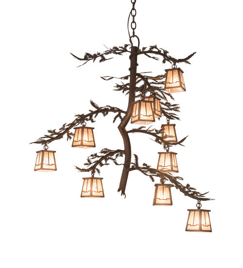 Meyda Lighting Pine Branch 42" 10-Light Mahogany Bronze Valley View Chandelier With Silver Mica Shade Glass