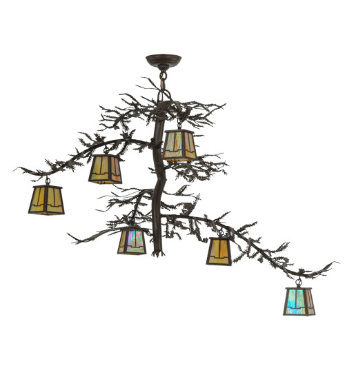 Meyda Lighting Pine Branch 45" 6-Light Cafe Noir Valley View Chandelier With Beige Iridescent Shade Glass