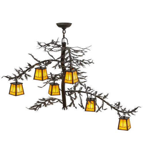 Meyda Lighting Pine Branch 45" 6-Light Cafe Noir Valley View Chandelier With Beige Iridescent Shade Glass