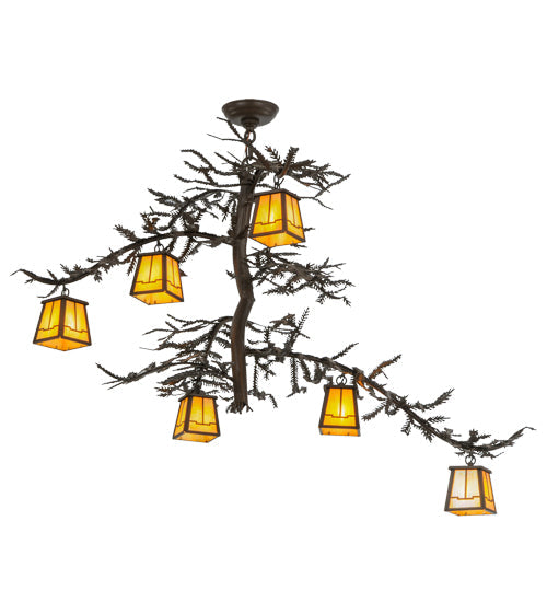 Meyda Lighting Pine Branch 45" 6-Light Cafe Noir Valley View Chandelier With Beige Iridescent Shade Glass